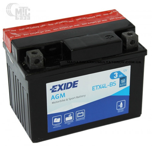 Аккумулятор на мотоцикл Exide AGM [ETX4L-BS]  R EN50 А 113x70x85мм